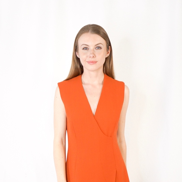 DEREK LAM Faux Wrap Orange Wool Mini Dress Plunge - Picture 2 of 8